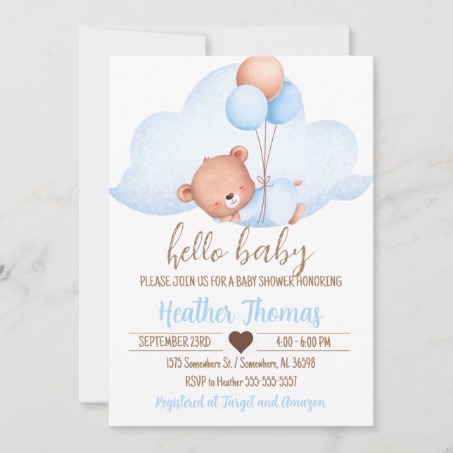 Invitation Ours Brown dormant et Baby shower nuageux (Devant)