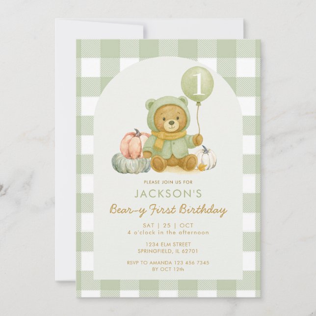 Invitation Ours Citrouille Sage Green Beary Premier anniversa (Devant)