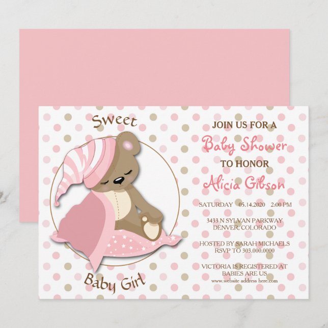 Invitation Ours couché Bébé Fille Douche (Devant / Derrière)