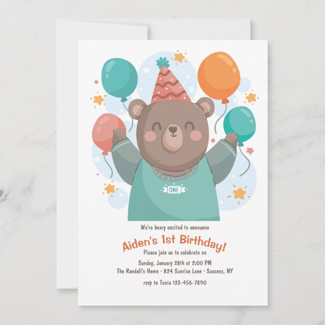 Invitation Ours d'anniversaire avec l'invitation de ballons (Devant)