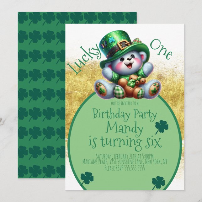 Invitation Ours d'anniversaire de la Saint-Patrick Chanceux (Devant / Derrière)