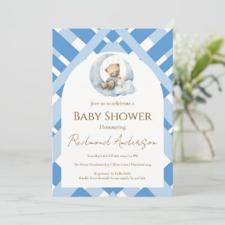 Invitation Ours de baby shower pour garçon à carreaux bleus