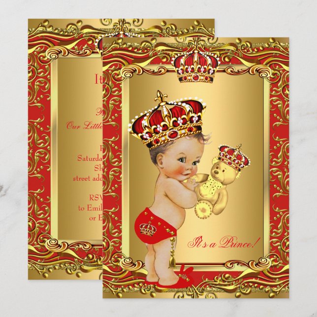 Invitation Ours de Baby shower royal rouge (Devant / Derrière)