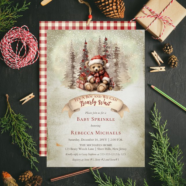 Invitation Ours de bois Attendre Vacances Bébé Parsemer ("It's A Boy and We Can Bearly Wait" Baby Sprinkle rustic woodland Christmas invite design)