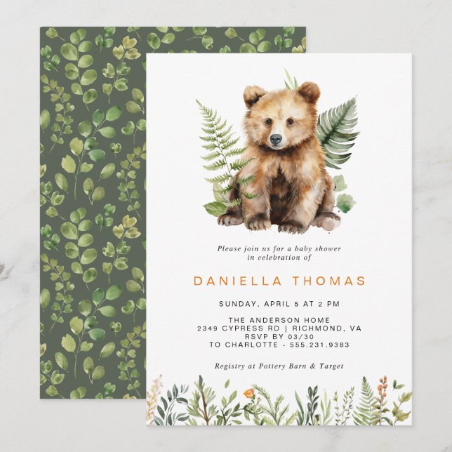 Invitation Ours de bois | Baby shower moderne neutre (Devant / Derrière)