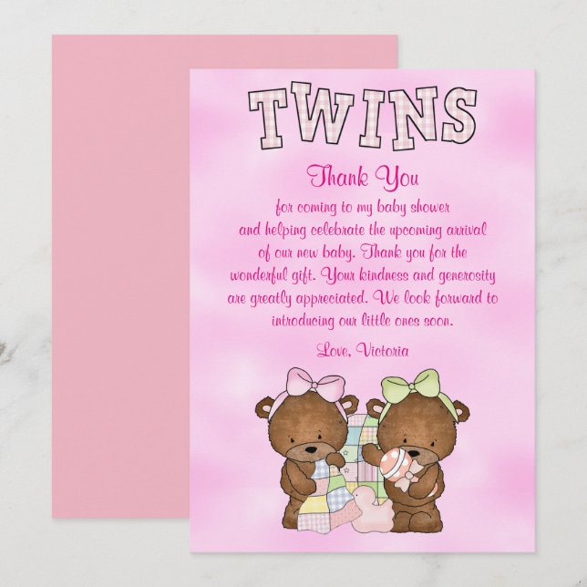 Invitation Ours de nounours jumel de filles de baby shower (Devant / Derrière)