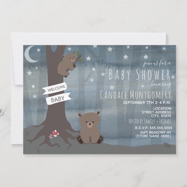 Invitation Ours de nuit Woodland Baby shower neutre (Devant)