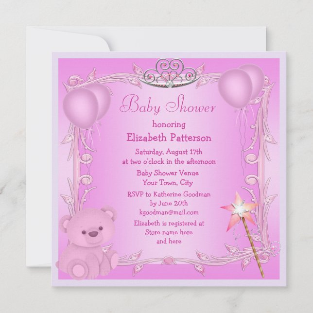 Invitation Ours de princesse nounours et baby shower roses de (Devant)