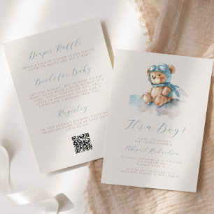 Invitation Ours en aquarelle bleue Code QR Fête bébé garçon