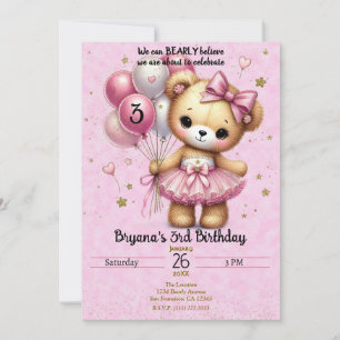 Invitation Ours en ballerine rose ballon en glitter pour fête