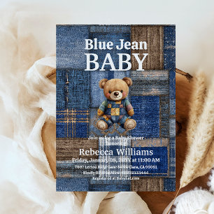 Invitation Ours en denim patchwork jouet bleu pour Baby Showe