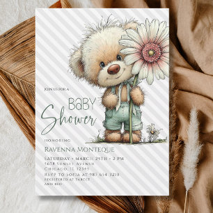 Invitation Ours en gris rayé Daisy Propre Garçon Baby Shower
