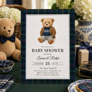 Invitation Ours en peluche à carreaux classique Baby Shower L