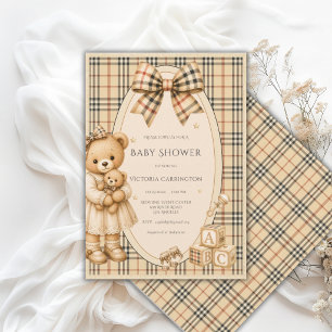 Invitation Ours en peluche à carreaux marron noir Baby Shower