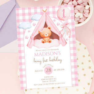 Invitation Ours en peluche à carreaux roses Ballon Fille 1er