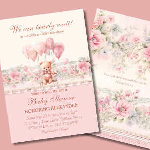 Invitation Ours en peluche à peine attendre rose fille chréti