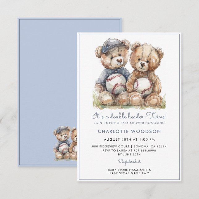 Invitation Ours en peluche aquarelle jumeaux (Devant / Derrière)