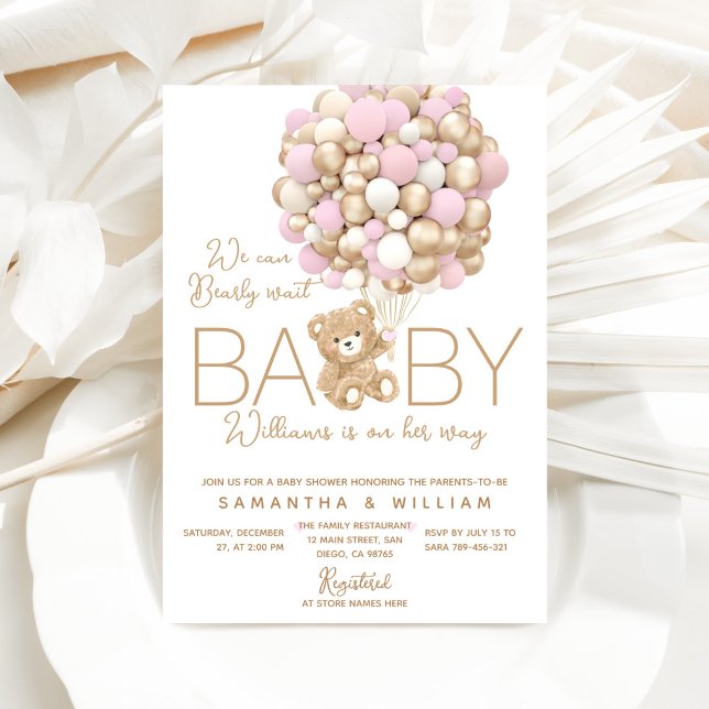 Invitation Ours en peluche avec ballon minimal bébé fille dou (Créateur téléchargé)