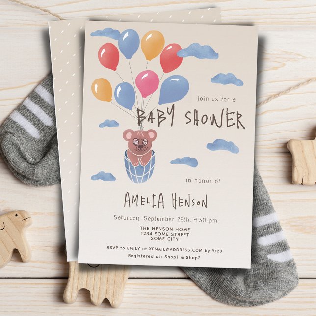 Invitation Ours en peluche avec ballons Baby shower de dessin (Créateur téléchargé)