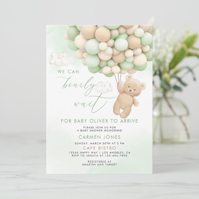 Invitation Ours en peluche avec ballons Baby shower Invitatio (Debout devant)