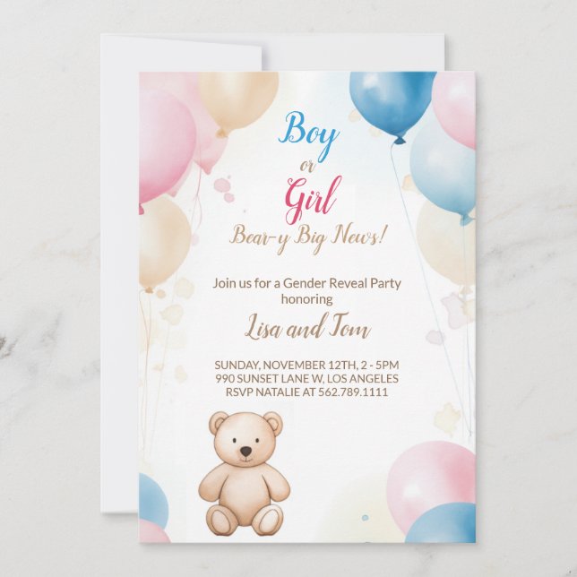 Invitation Ours en peluche avec ballons Baby shower Révélatio (Devant)