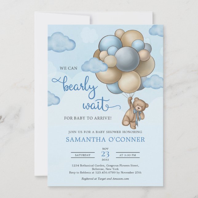 Invitation Ours en peluche avec ballons bleu brun beige garço (Devant)