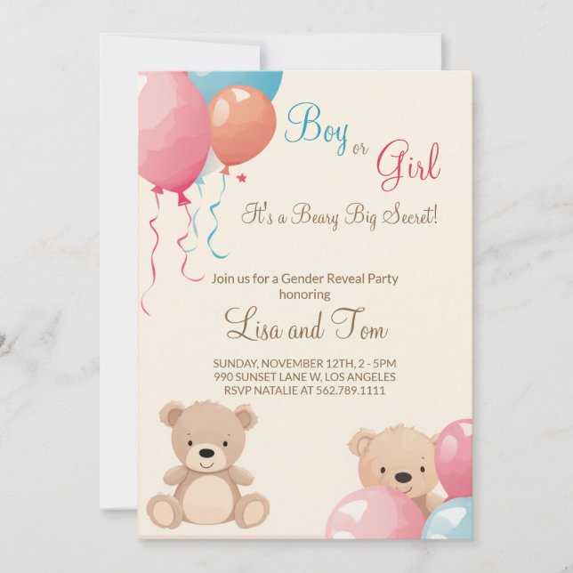 Invitation Ours en peluche avec ballons Révélation de genre g (Devant)