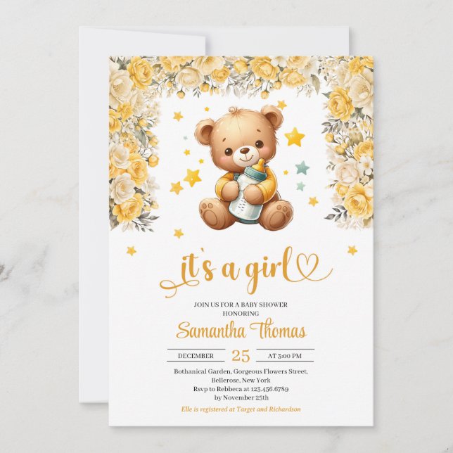 Invitation Ours en peluche avec biberon bébé fleurs jaunes fi (Devant)