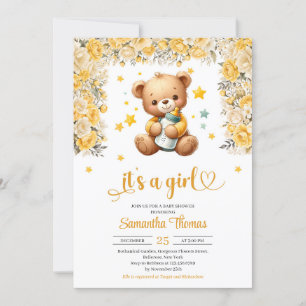 Invitation Ours en peluche avec biberon bébé fleurs jaunes fi