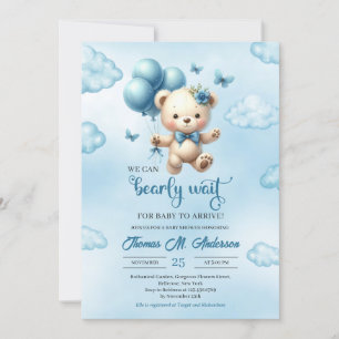 Invitation Ours en peluche avec des ballons bleus qu'on peut 