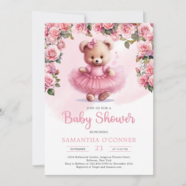Invitation ours en peluche avec tutu rose et roses roux (Devant)
