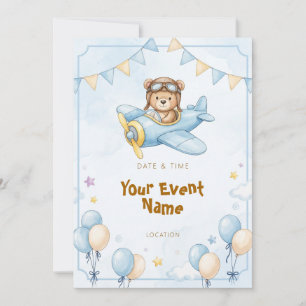 Invitation Ours en peluche aviateur avion bleu