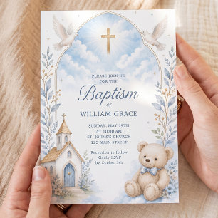 Invitation Ours en peluche baptême aquarelle