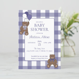 Invitation Ours en peluche Bébé Fille Fête bébé Violet et Bla