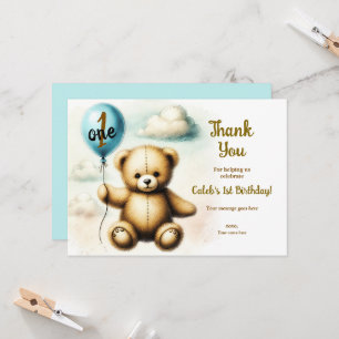 Invitation Ours en peluche bleu ballon anniversaire merci