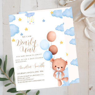 Invitation Ours en peluche bleu Ballons beiges Baby Shower