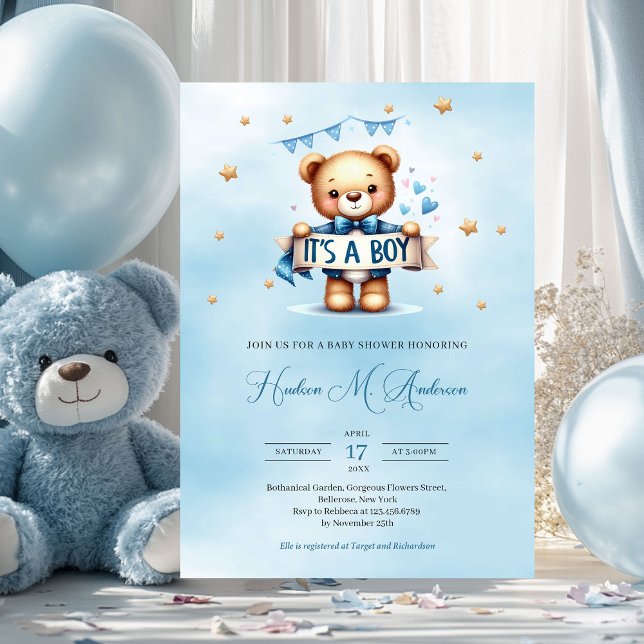 Invitation Ours en peluche bleu et marron moderne c'est un ga (cute teddy bear holding ribbon it's a boy baby shower invitation)