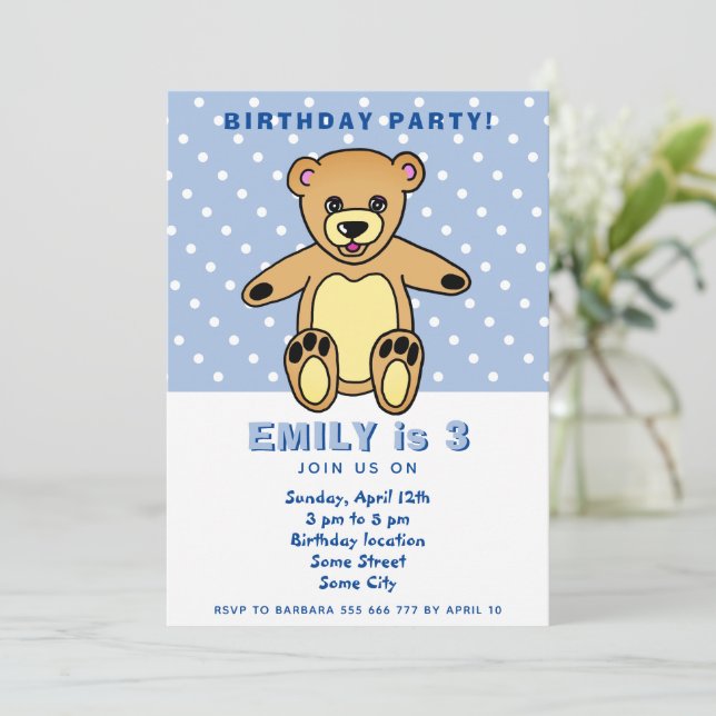 Invitation Ours en peluche bleu Polka Dot Jour de l`anniversa (Debout devant)