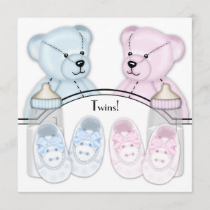 Invitation Ours en peluche bleu rose Twin Baby Shower Invitat