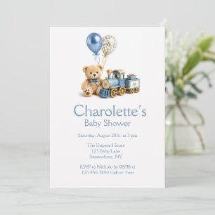 Invitation Ours en peluche Blue Gold Train Garçon Baby Shower