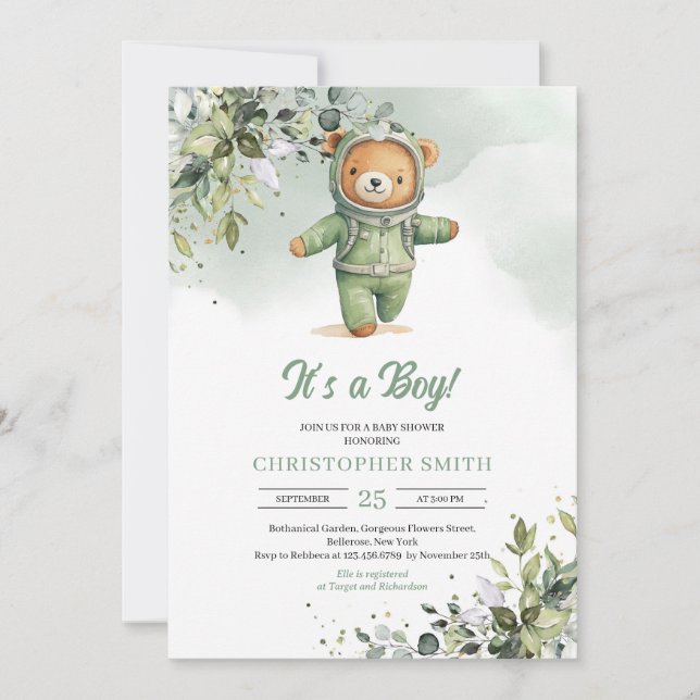 Invitation Ours en peluche Boho astronaute neutre genre (Devant)
