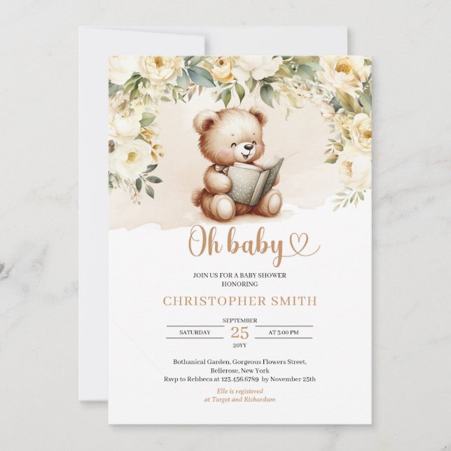 Invitation Ours en peluche Boho lisant un livre vert et marro (Devant)