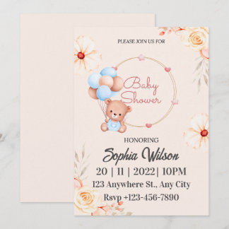 Invitation Ours en peluche Brown bleu avec Baby shower à ball