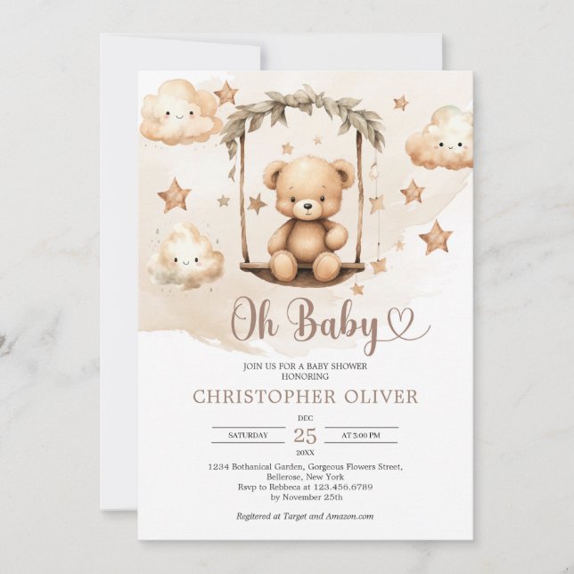 Invitation Ours en peluche brun et neutre de saute à l'eucaly (Devant)