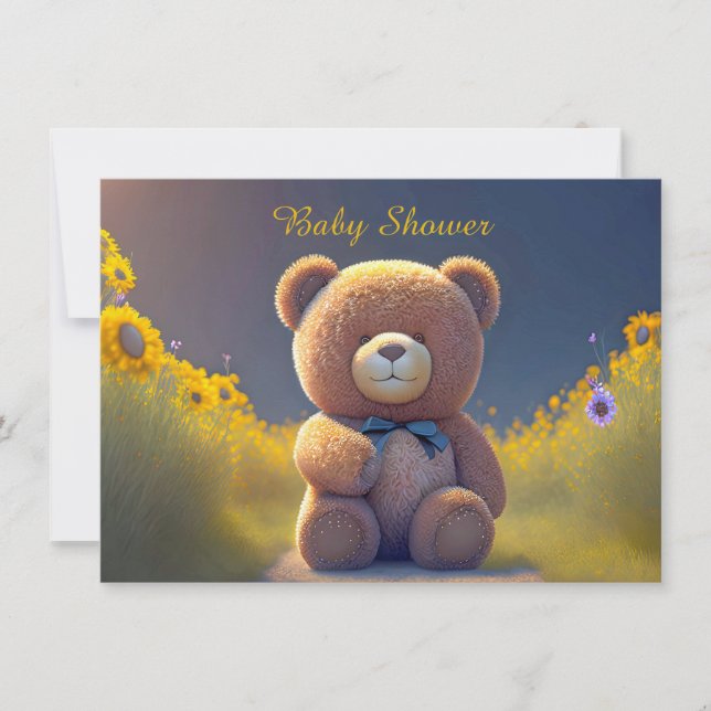 Invitation Ours en peluche dans une prairie, baby shower mign (Devant)