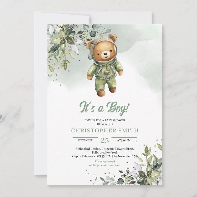 Invitation Ours en peluche de Boho eucalyptus neutre astronau (Devant)