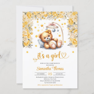 Invitation Ours en peluche en berceau fleurs jaunes fille bab