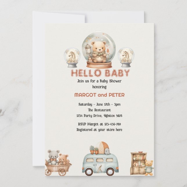 Invitation Ours en peluche et Baby shower à cheval (Devant)