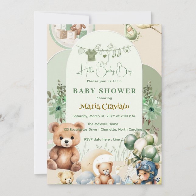 Invitation Ours en peluche et ballons bébé garçon douche Invi (Devant)