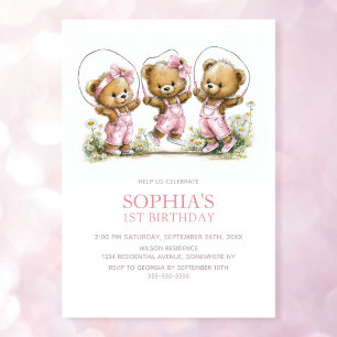 Invitation Ours en peluche fille en salopette rose 1er annive